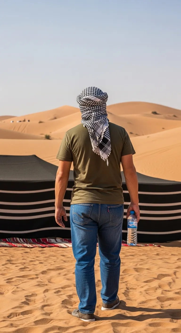 Tourist using heat survival tips during Dubai summer desert safari