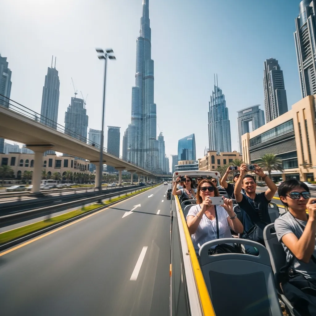 Half day Dubai city tour showing Burj Khalifa area, Dubai Marina and Palm Jumeirah views with guided sightseeing