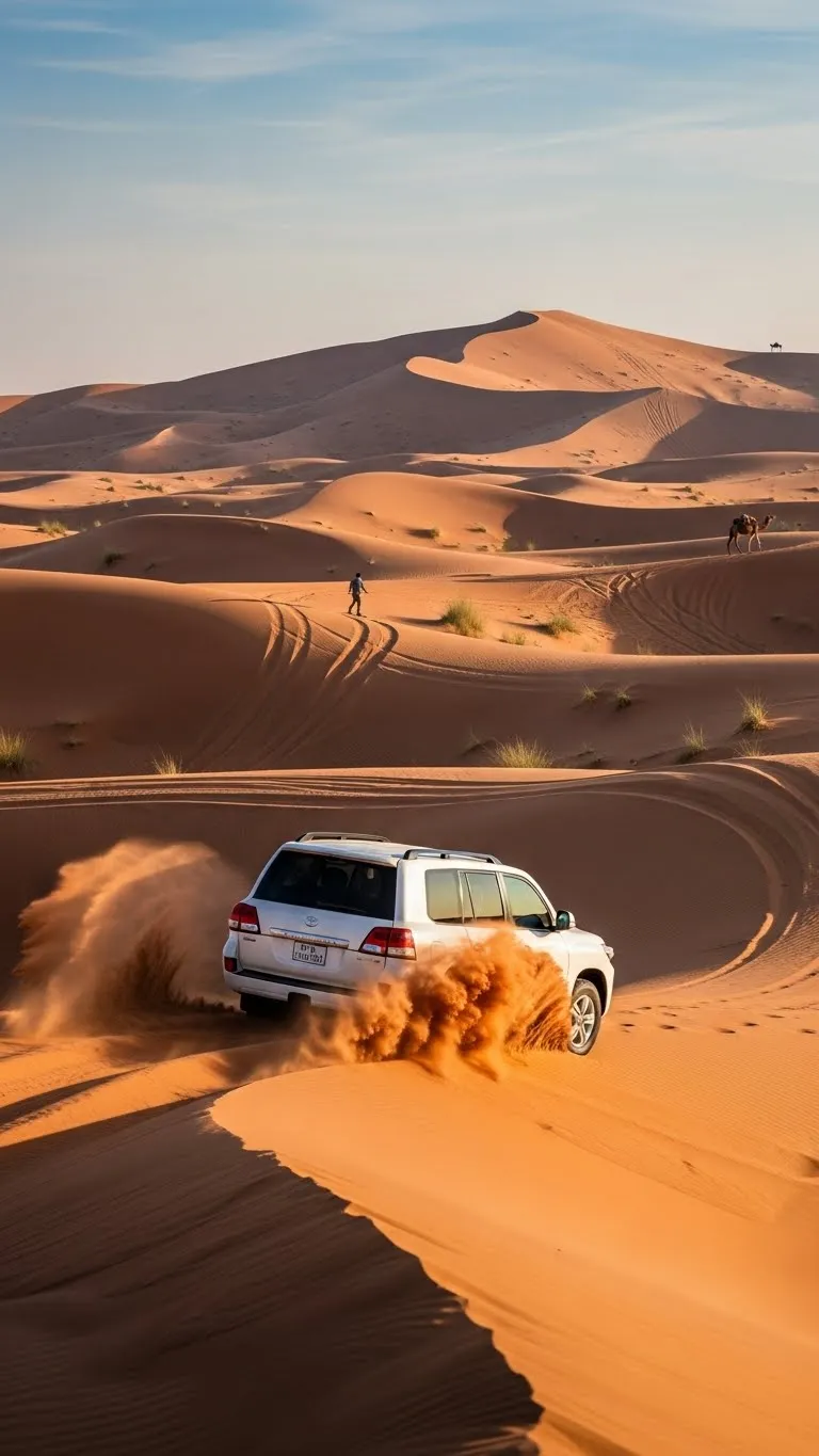 Morning dune bashing in Dubai with 4x4 Land Cruiser driving over red sand dunes