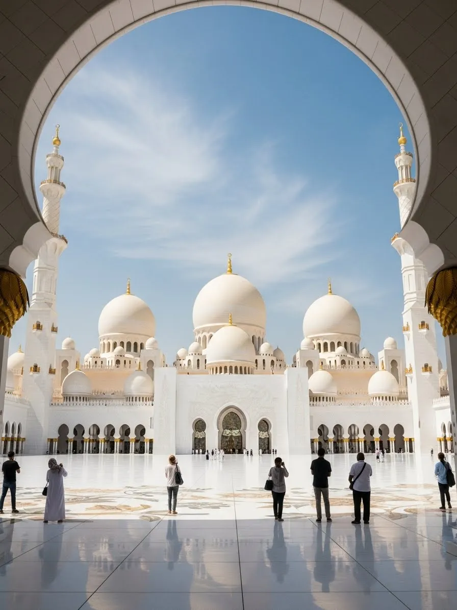 Sheikh Zayed Grand Mosque in Abu Dhabi featuring white marble domes and grand architecture
